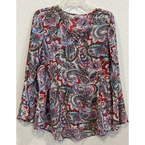 Wrangler Sheer Paisley Blouse with Long Flutter Sleeves and Lace Up Neck Size M - Picture 1 of 3